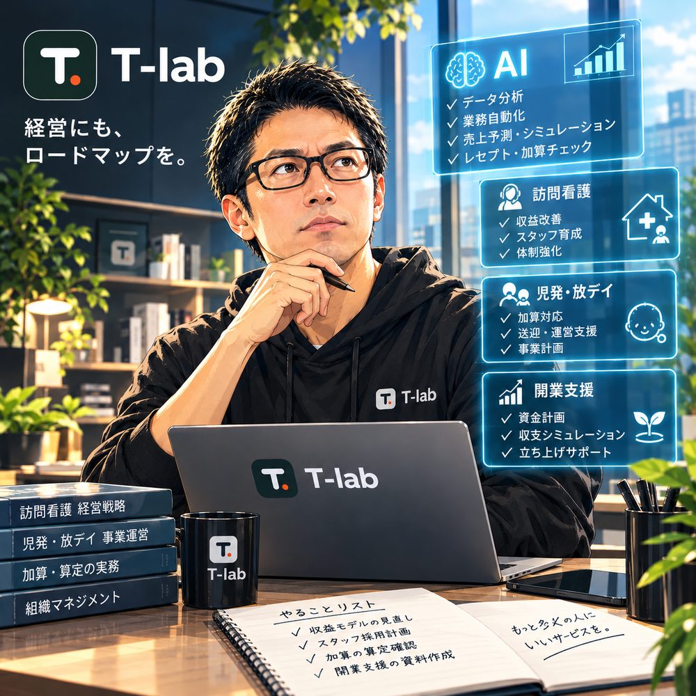 パソコンに向かって考える T-lab 代表 田中のイラスト