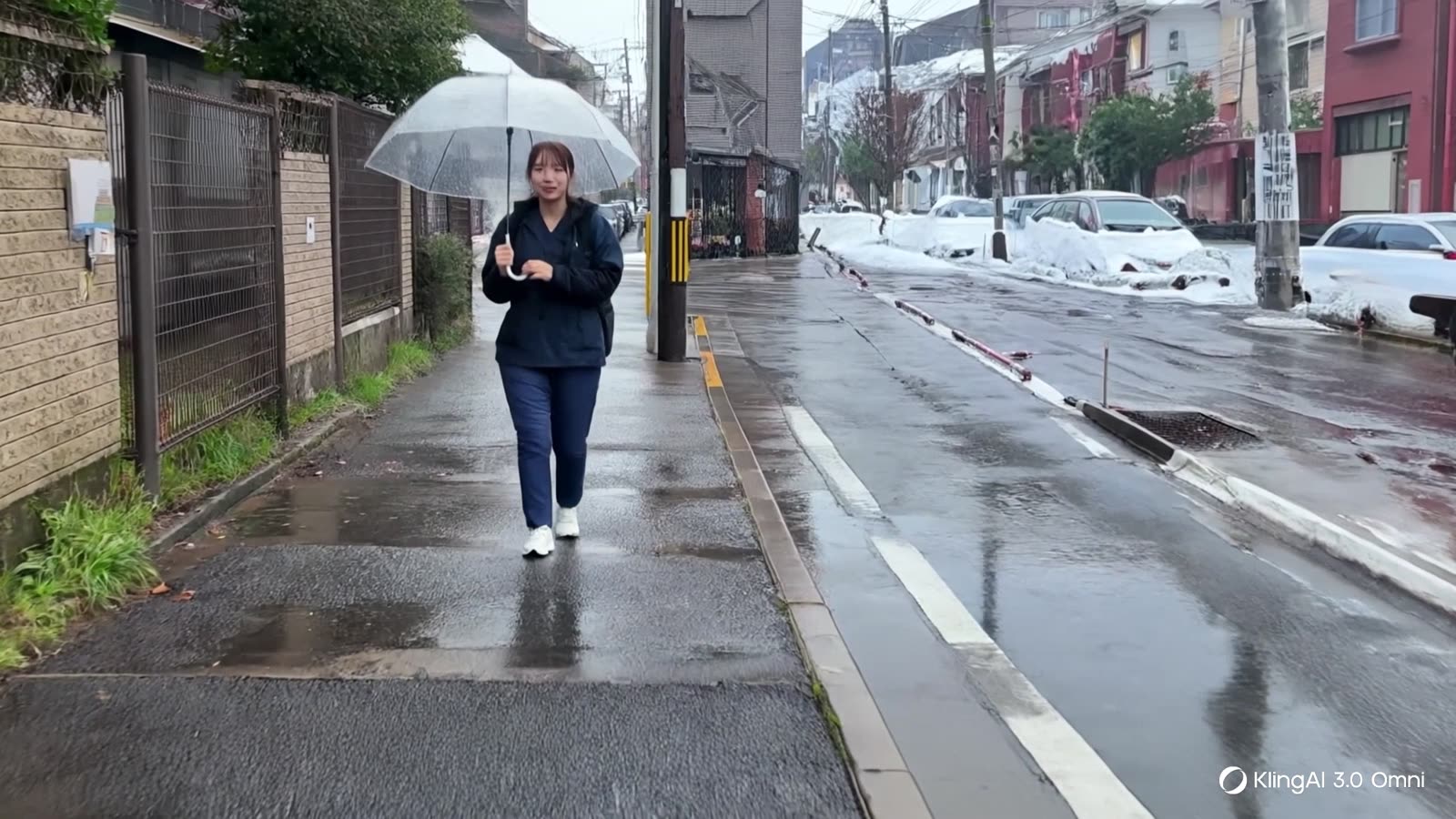 傘をさして雨の歩道を歩く看護師