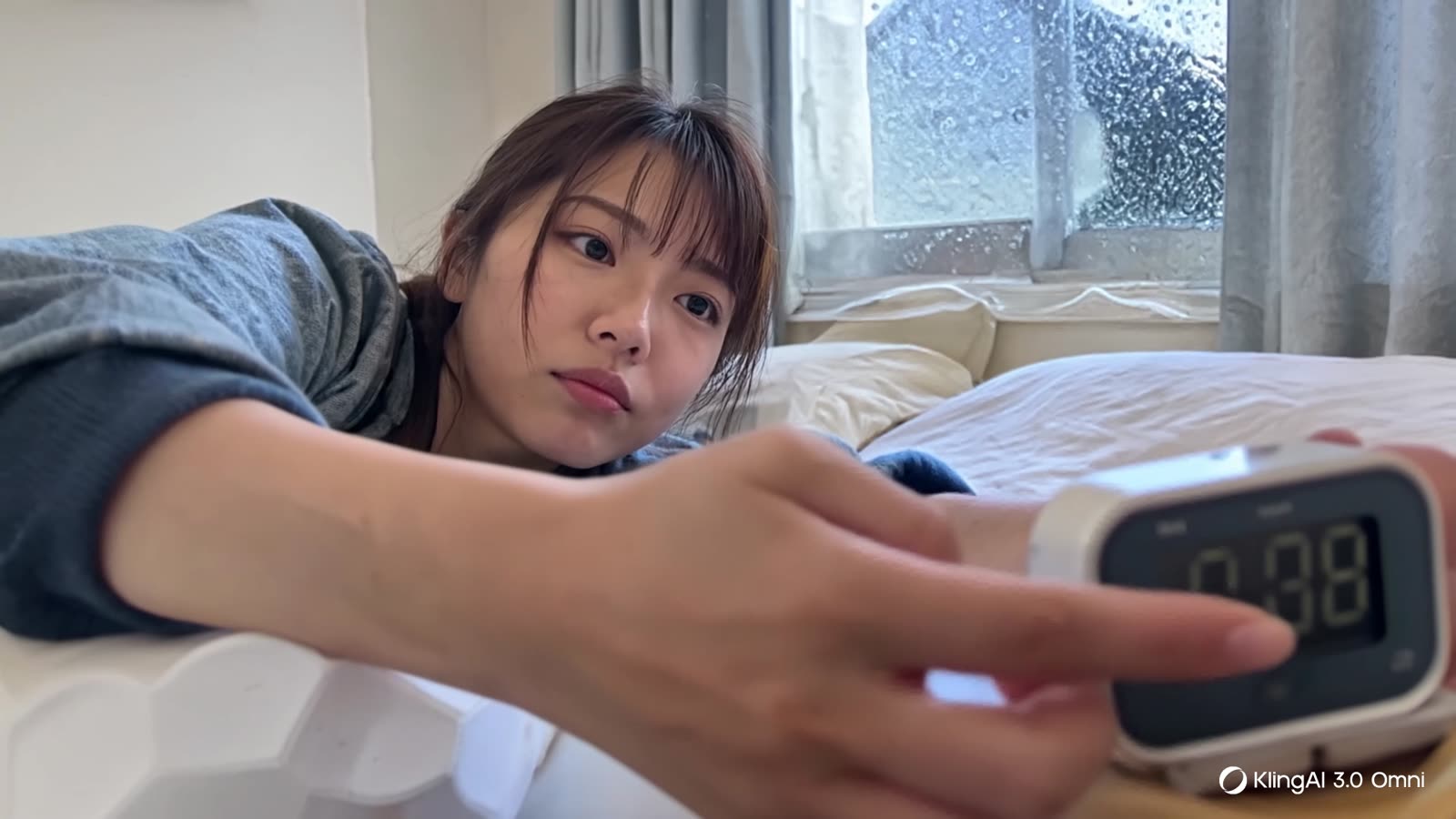 雨の窓辺で目覚まし時計を止める